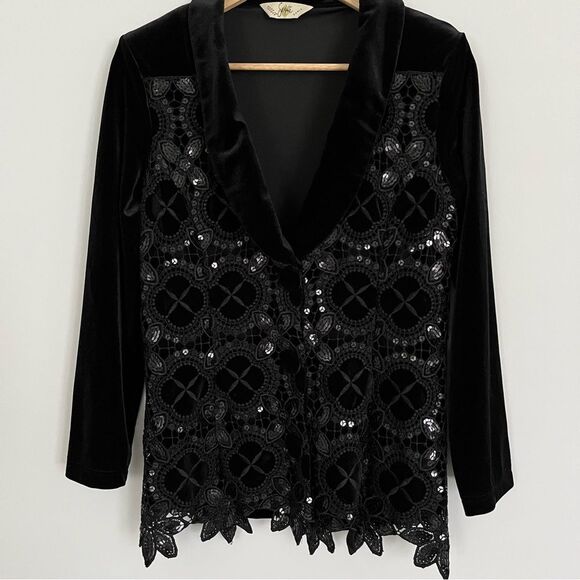RARE VINTAGE Sagaie Paris Black Velvet Crochet Lace Sequin Blazer, Size 2 - Picture 1 of 15